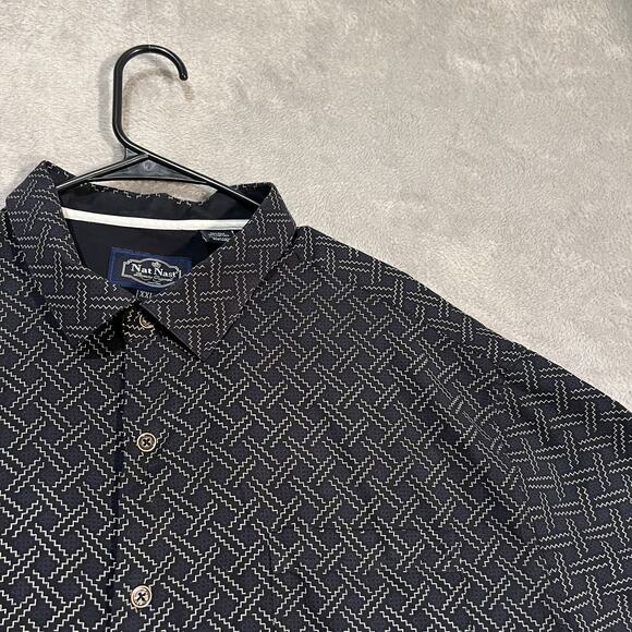 Nat Nast Shirt Mens 2XL Blue White Geometric Silk Cotton Short Sleeve Button Up - Picture 3 of 9
